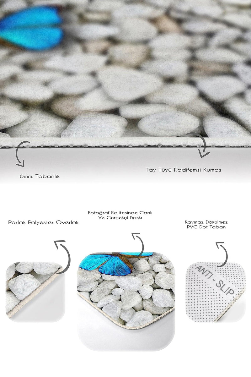 Taş Zemin Mavi Kelebek Dijital Baskılı 2li Banyo Halısı Takımı Kaymaz Taban Yıkanabilir Bonvagon