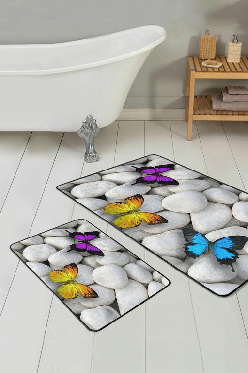 Taş Zemin Renkli Kelebek Tasarımlı 2li Banyo Halısı Takımı Kaymaz Taban Yıkanabilir Bonvagon