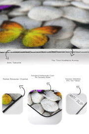 Taş Zemin Renkli Kelebek Tasarımlı 2li Banyo Halısı Takımı Kaymaz Taban Yıkanabilir Bonvagon