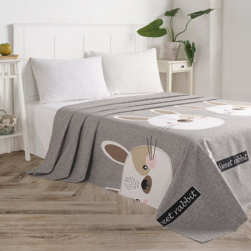 Tavşancık Açık Kahve-Gri-Pembe 100% Doğal Pamuk Pike Çift Kişilik Bonvagon