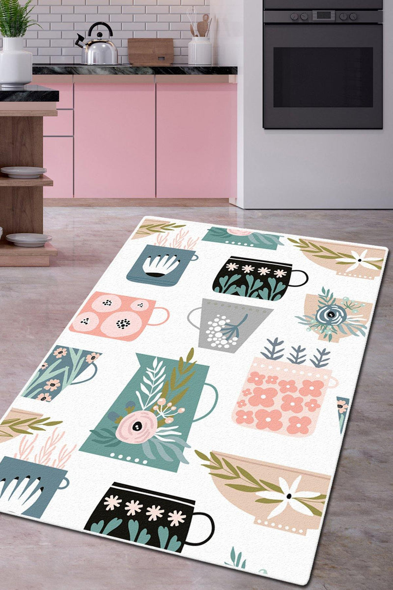 Teapots Dijital Baskılı Mutfak Halısı, Kaymaz Taban, Yıkanabilir Bonvagon
