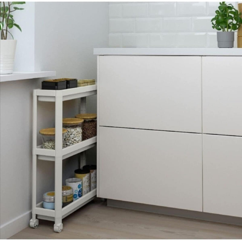 Tekerlekli Dikdörtgen 3 Katlı Raf Ünitesi Beyaz Bonvagon