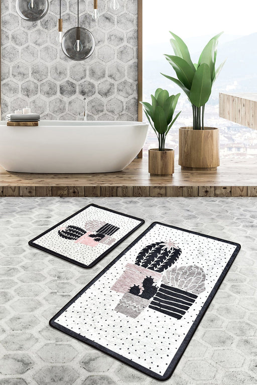 Three Cactus 2li Set Dijital Baskılı Banyo Halısı, Kaymaz Taban, Yıkanabilir Bonvagon