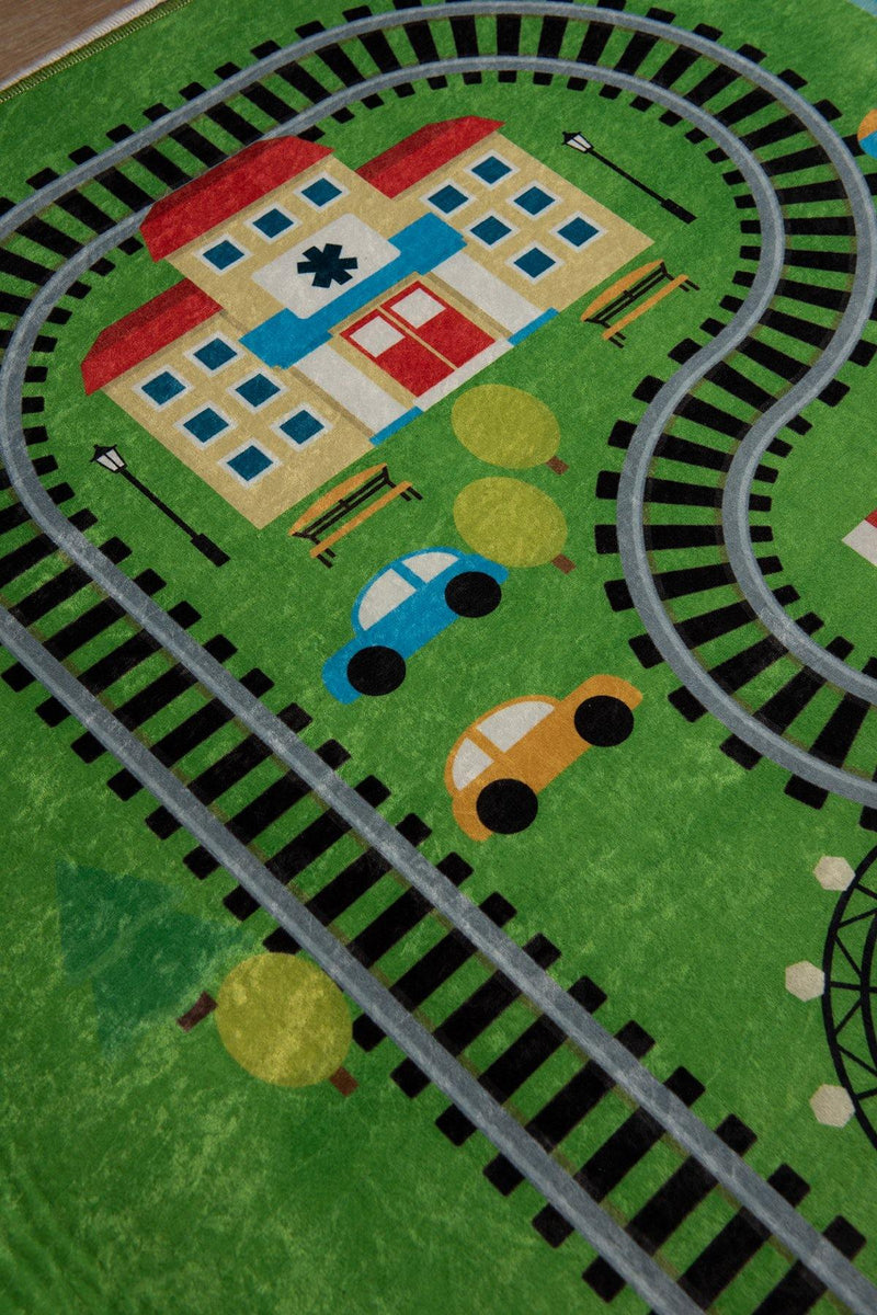 Train Yıkanabilir Antibakteriyel Çocuk Halısı, Kaymaz Taban, Yıkanabilir Bonvagon