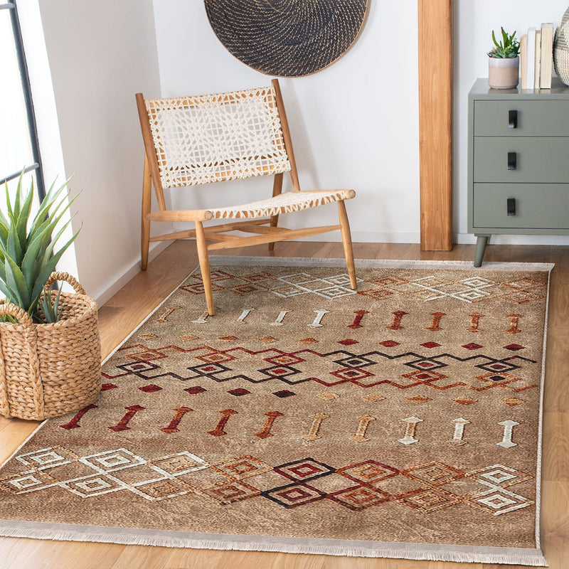Tribal Motifli Etnik Desenli Etnik Dijital Baskılı Makinede Yıkanabilir Saçaklı Halı