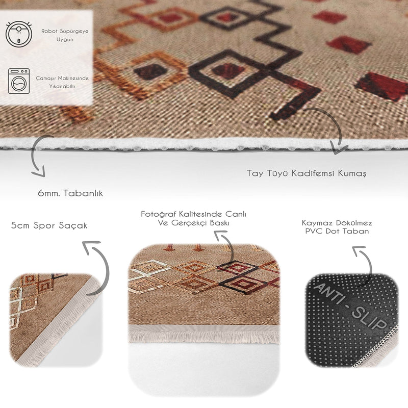 Tribal Motifli Etnik Desenli Etnik Dijital Baskılı Makinede Yıkanabilir Saçaklı Halı