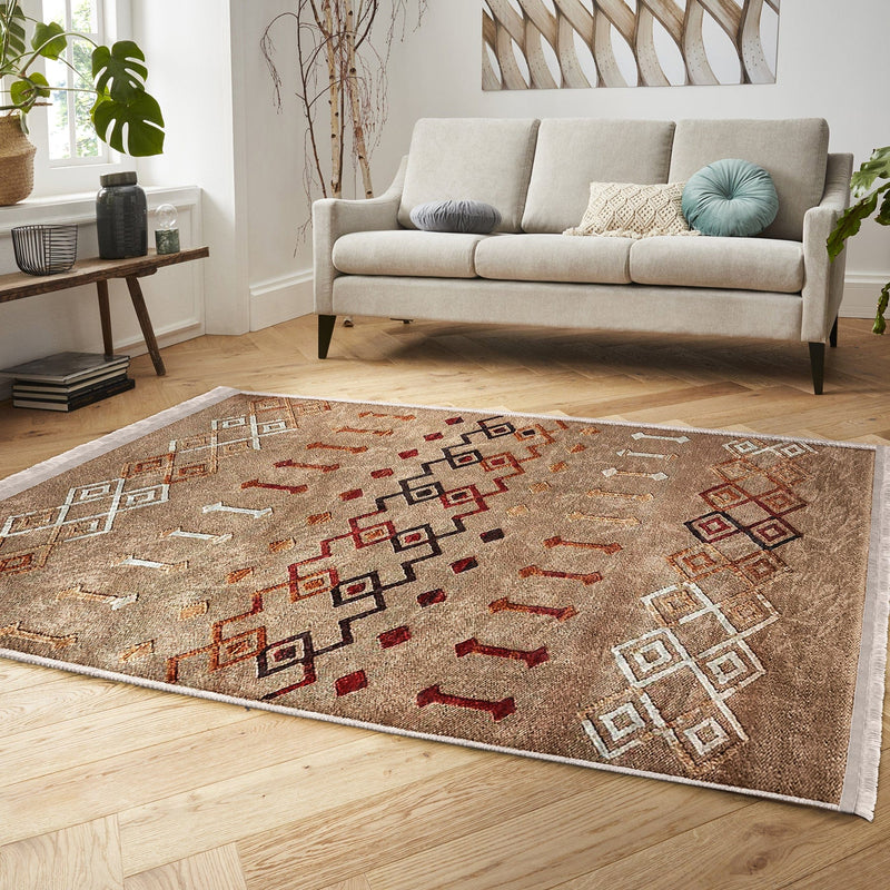 Tribal Motifli Etnik Desenli Etnik Dijital Baskılı Makinede Yıkanabilir Saçaklı Halı