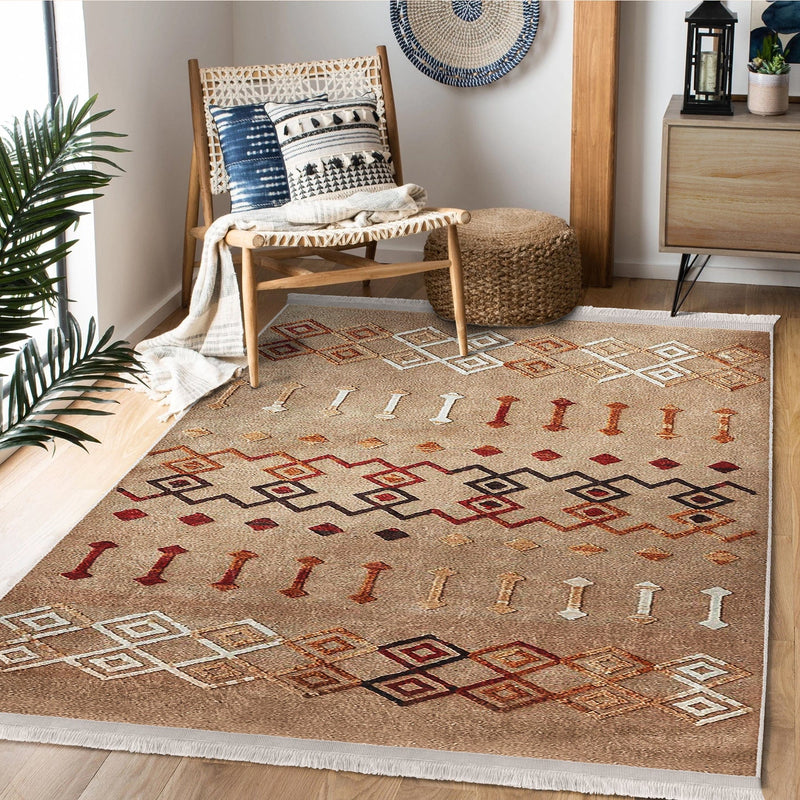 Tribal Motifli Etnik Desenli Etnik Dijital Baskılı Makinede Yıkanabilir Saçaklı Halı