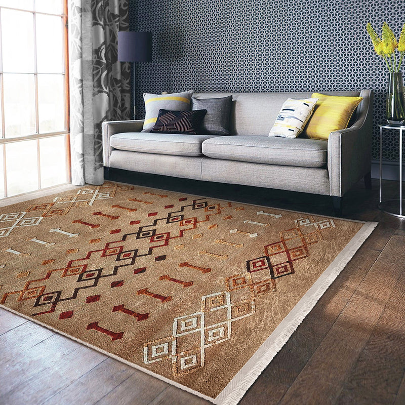 Tribal Motifli Etnik Desenli Etnik Motifler Dijital Baskılı Makinede Yıkanabilir Saçaklı Halı Bonvagon