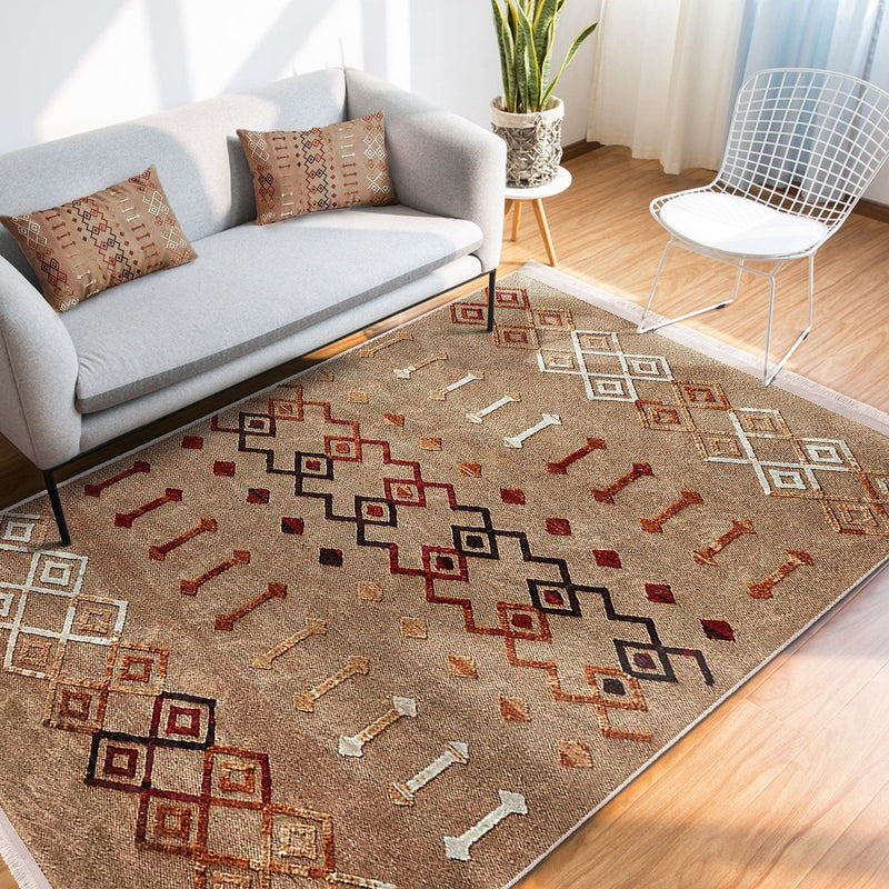 Tribal Motifli Etnik Desenli Etnik Motifler Dijital Baskılı Makinede Yıkanabilir Saçaklı Halı Bonvagon