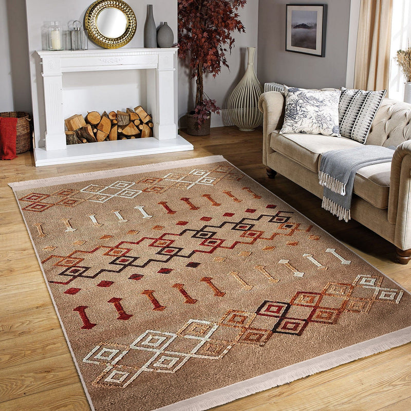 Tribal Motifli Etnik Desenli Etnik Motifler Dijital Baskılı Makinede Yıkanabilir Saçaklı Halı Bonvagon