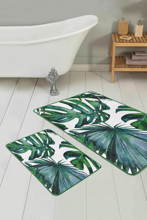 Tropik Yapraklar Özel Tasarım 2li Banyo Halısı Takımı Kaymaz Taban Yıkanabilir Bonvagon