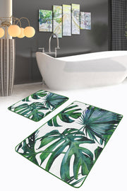 Tropik Yapraklar Özel Tasarım 2li Banyo Halısı Takımı Kaymaz Taban Yıkanabilir Bonvagon