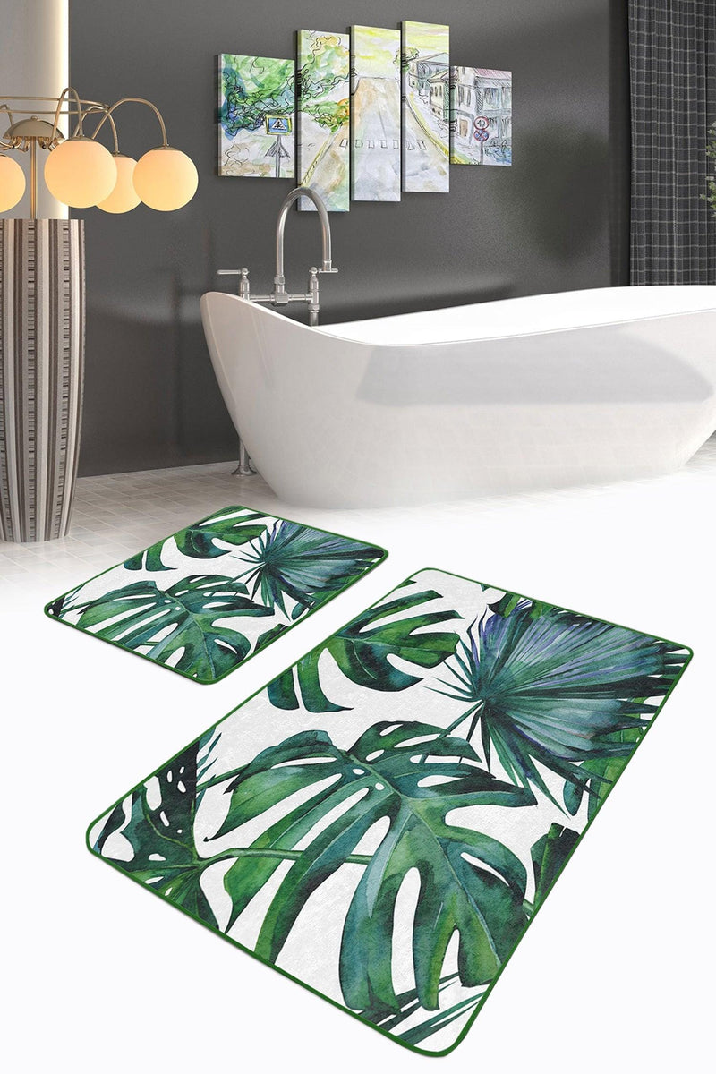 Tropik Yapraklar Özel Tasarım 2li Banyo Paspas ve Halısı Takımı Kaymaz Taban Yıkanabilir