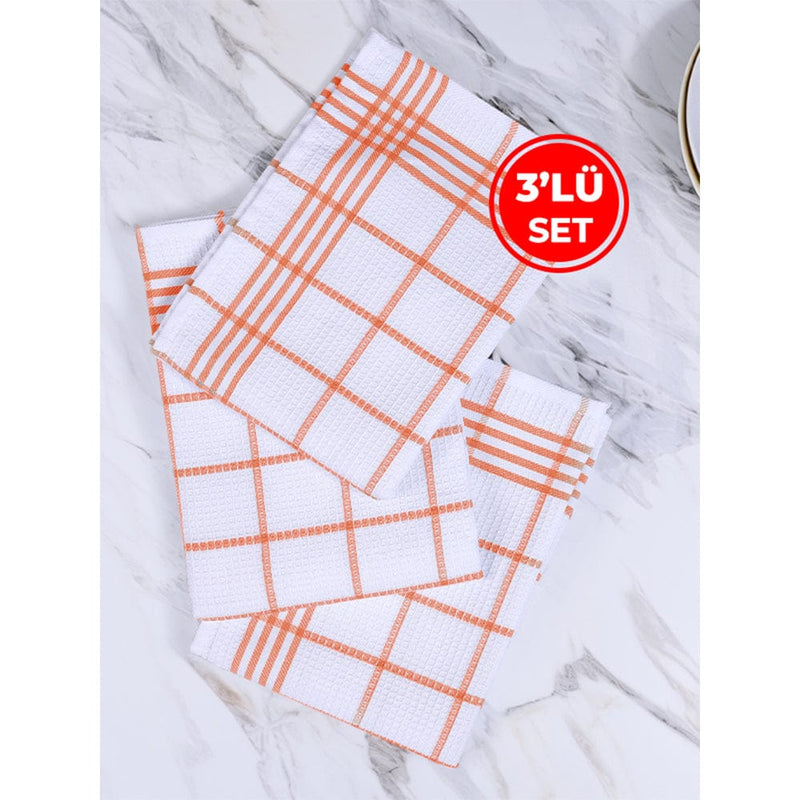 Turuncu 3lü Kareli Set Kurulama Bezi Pamuklu Mutfak Havlusu Çok Amaçlı Örtü 50x70cm Bonvagon
