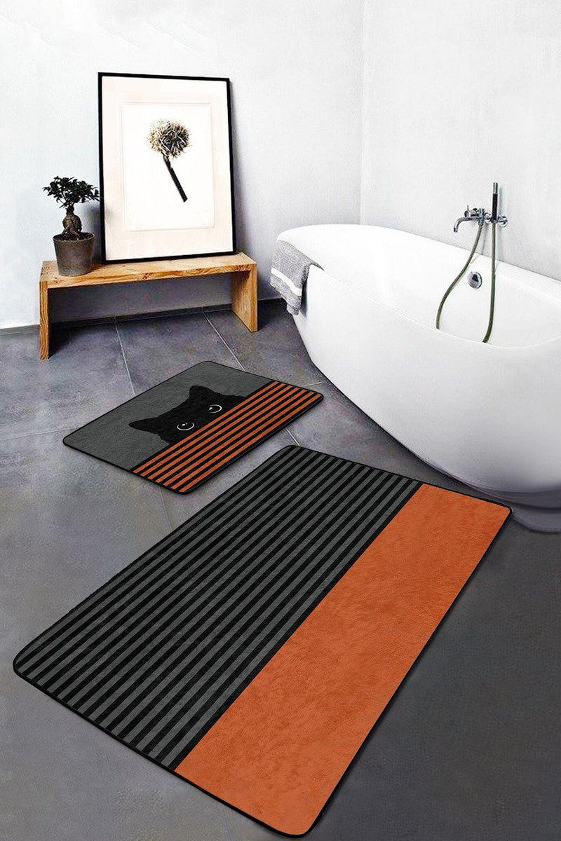 Turuncu Çizgili Kedi Motifli 2li Banyo Halısı Takımı Kaymaz Taban Yıkanabilir Bonvagon