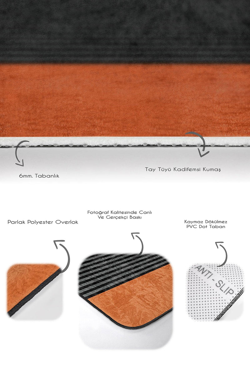Turuncu Çizgili Kedi Motifli 2li Banyo Halısı Takımı Kaymaz Taban Yıkanabilir Bonvagon