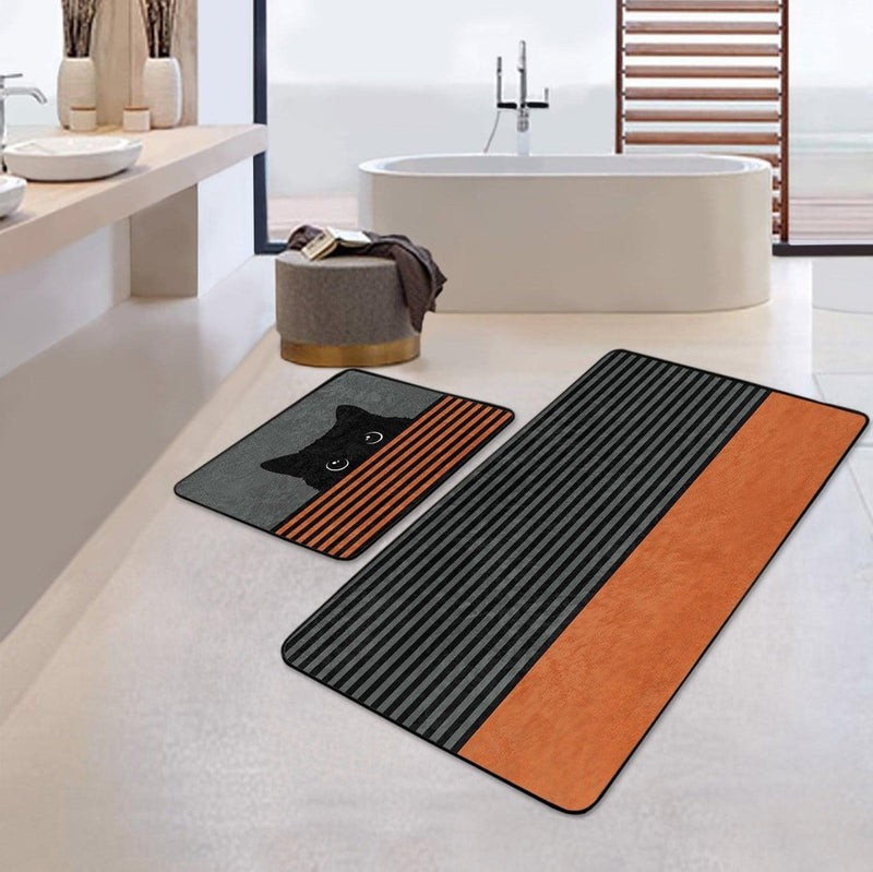 Turuncu Çizgili Kedi Motifli 2li Banyo Paspas ve Halısı Takımı Kaymaz Taban Yıkanabilir