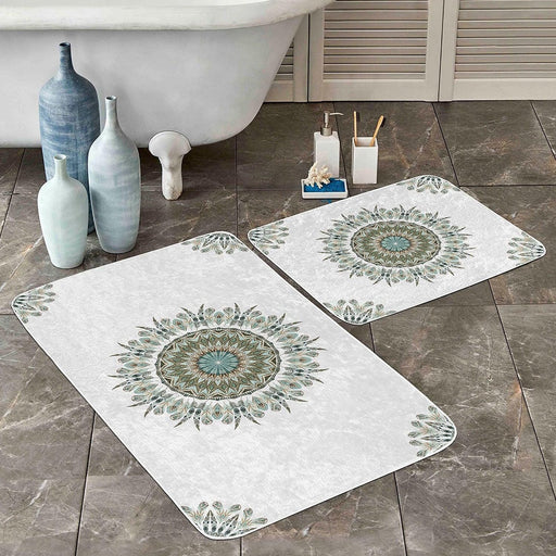 Tüy Motifli Mandala Tasarımlı Dijital Baskılı 2li Banyo Halısı Takımı Kaymaz Taban Yıkanabilir Bonvagon