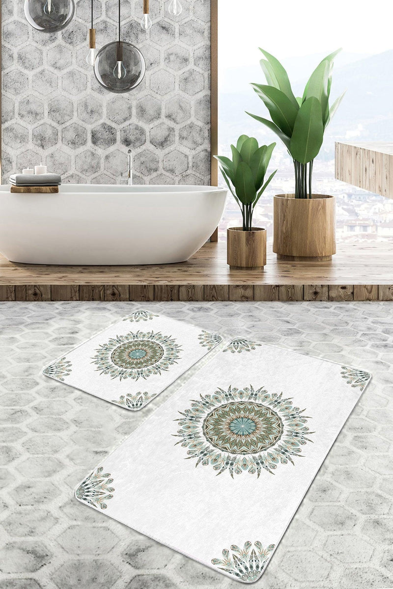 Tüy Motifli Mandala Tasarımlı Dijital Baskılı 2li Banyo Halısı Takımı Kaymaz Taban Yıkanabilir Bonvagon