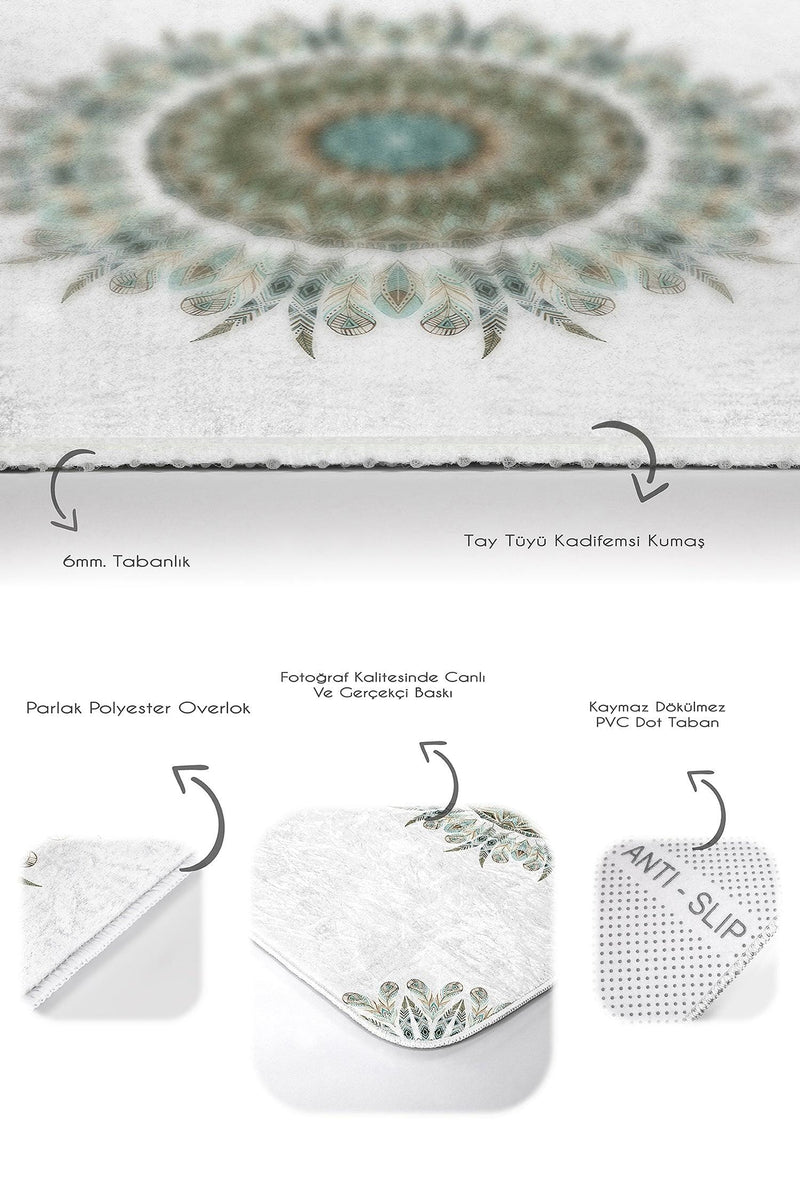 Tüy Motifli Mandala Tasarımlı Dijital Baskılı 2li Banyo Halısı Takımı Kaymaz Taban Yıkanabilir Bonvagon