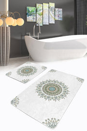 Tüy Motifli Mandala Tasarımlı Dijital Baskılı 2li Banyo Paspas ve Halısı Takımı Kaymaz Taban Yıkanabilir