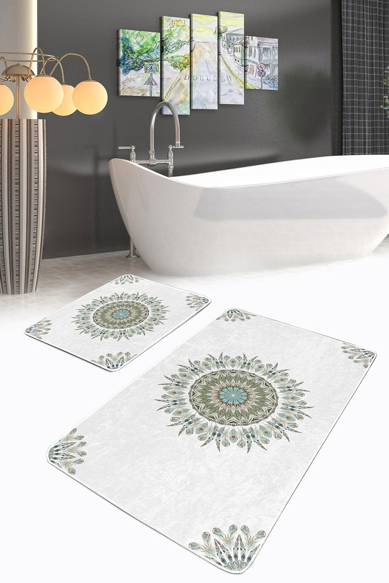 Tüy Motifli Mandala Tasarımlı Dijital Baskılı 2li Banyo Paspas ve Halısı Takımı Kaymaz Taban Yıkanabilir
