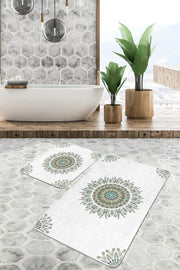 Tüy Motifli Mandala Tasarımlı Dijital Baskılı 2li Banyo Paspas ve Halısı Takımı Kaymaz Taban Yıkanabilir