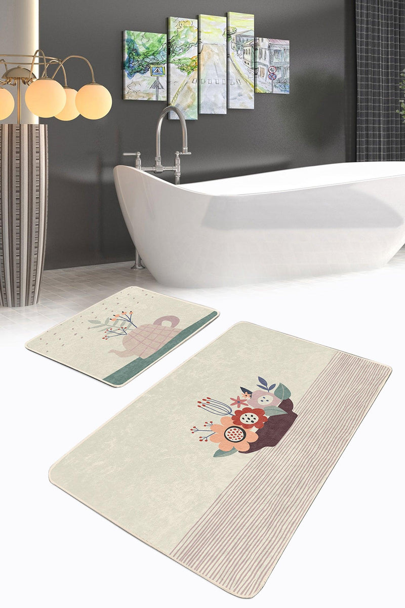 Vazo Çiçek Demetleri Özel Tasarımlı 2li Banyo Halısı Takımı Kaymaz Taban Yıkanabilir Bonvagon