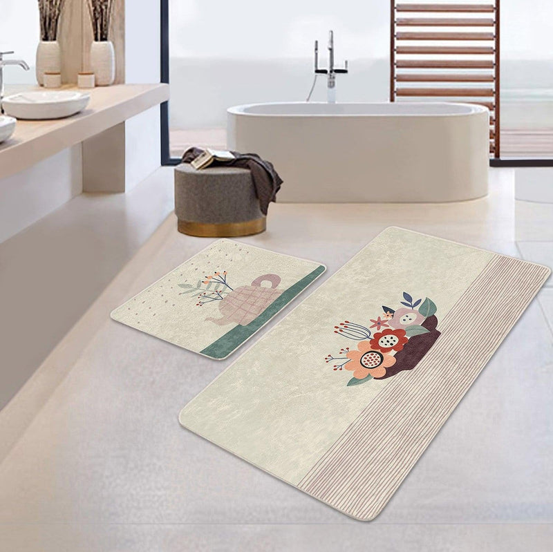 Vazo Çiçek Demetleri Özel Tasarımlı 2li Banyo Paspas ve Halısı Takımı Kaymaz Taban Yıkanabilir