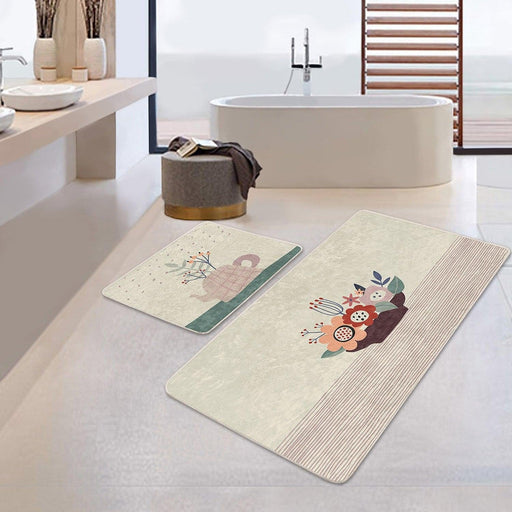 Vazo Çiçek Demetleri Özel Tasarımlı 2li Banyo Paspas ve Halısı Takımı Kaymaz Taban Yıkanabilir