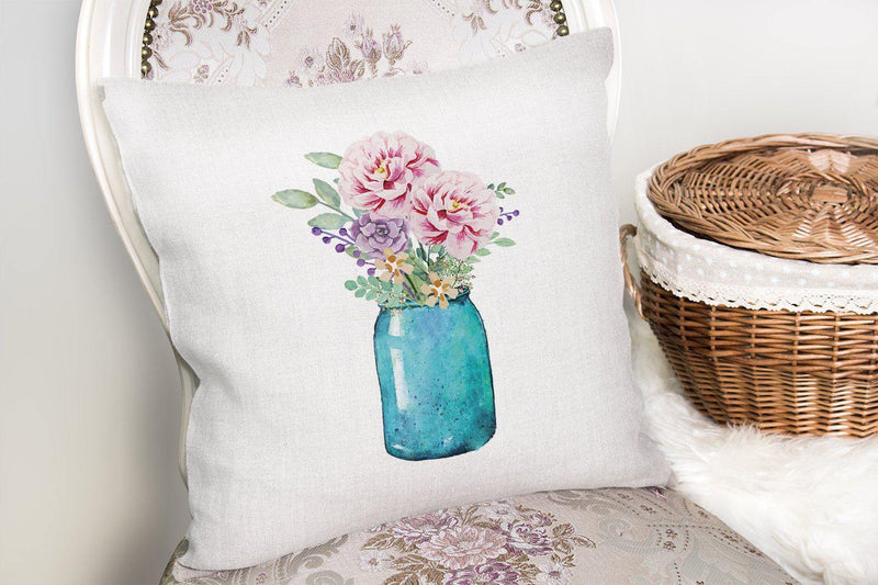 Vazo Çiçek Desenli Dijital Baskılı Yastık Kırlent Kılıfı 43x43cm Bonvagon
