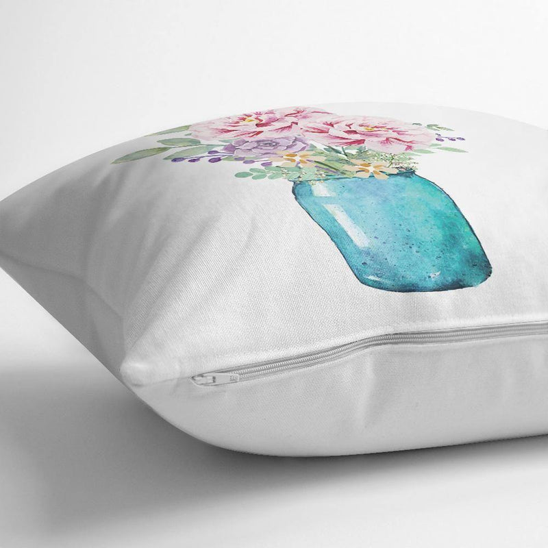 Vazo Çiçek Desenli Dijital Baskılı Yastık Kırlent Kılıfı 43x43cm Bonvagon