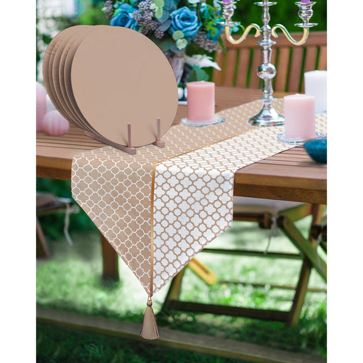 Vizon ve Beyaz Ogea Desenli Püsküllü Runner ve 6'lı Kahverengi Düz Renk Supla Seti Bonvagon