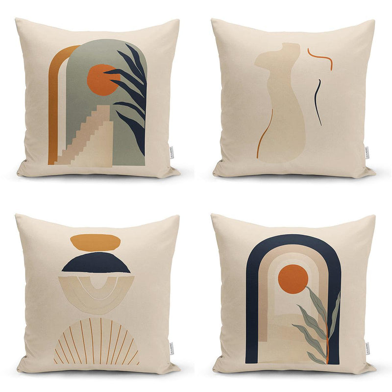 Vizon Zeminli Etnik Çizimli Dijital Baskılı Modern 4lü Kırlent Kılıfı Seti Bonvagon