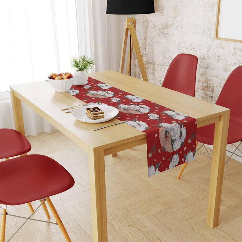 White Flowers İnce Keten Runner 140x45cm
