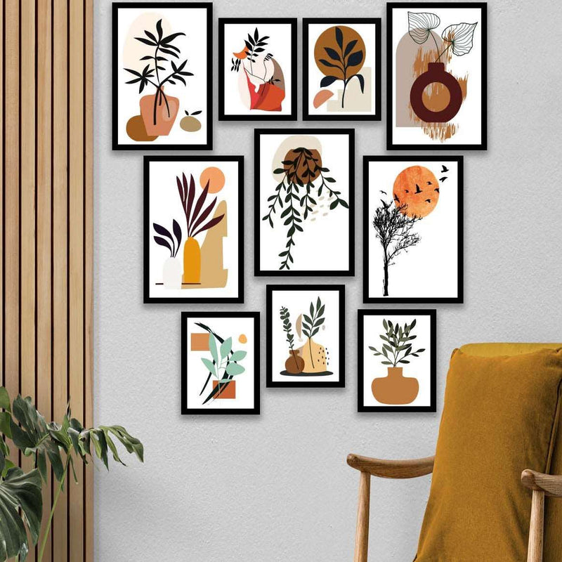 Wow 10 Parça Modern Sanatsal Bohem Tarzda (Siyah Çerçeve Görünümlü) Uv Baskı Mdf Ahşap Duvar Tablo Seti