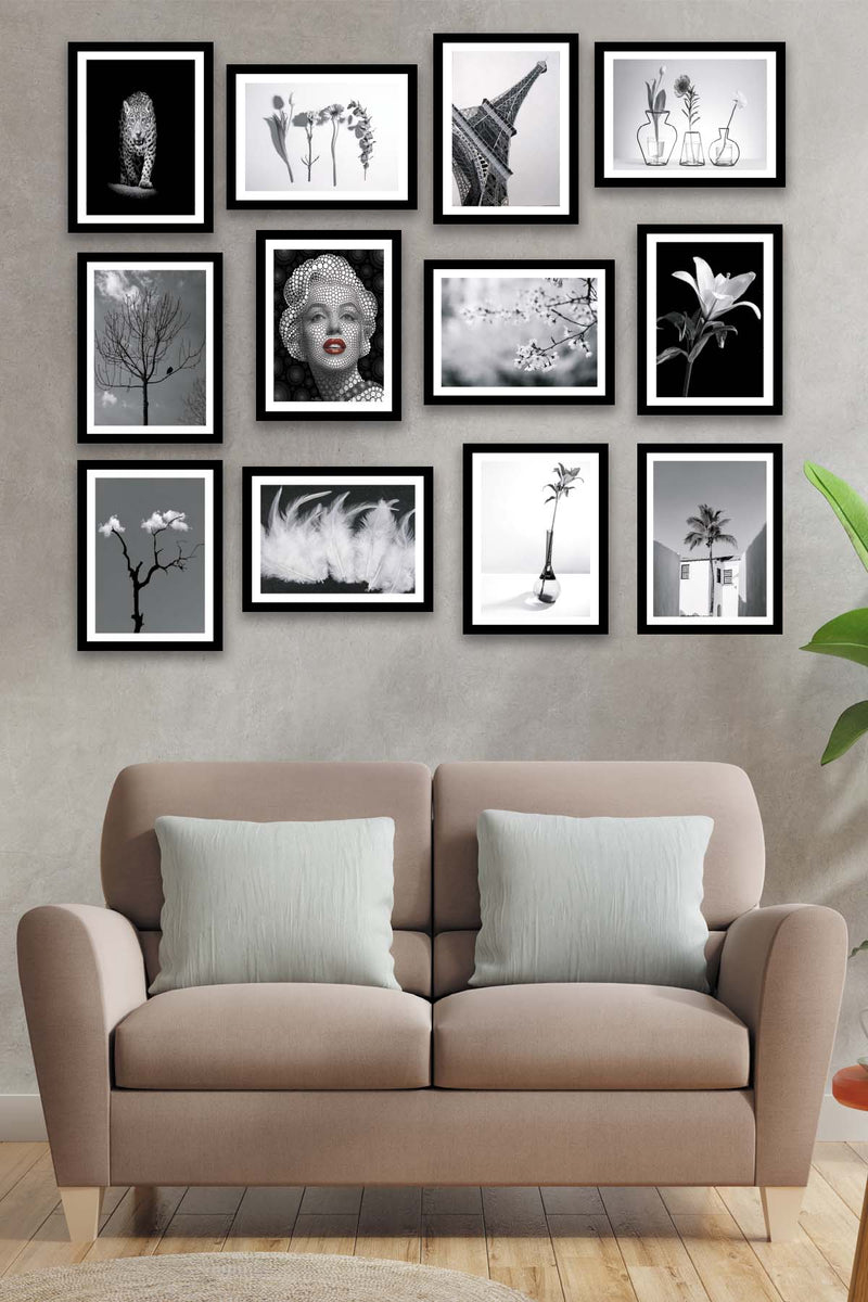 Wow 10 Parça Siyah Beyaz Modern Tarzda Siyah Çerçeve Görünümlü Mdf Ahşap Duvar Tablo Seti