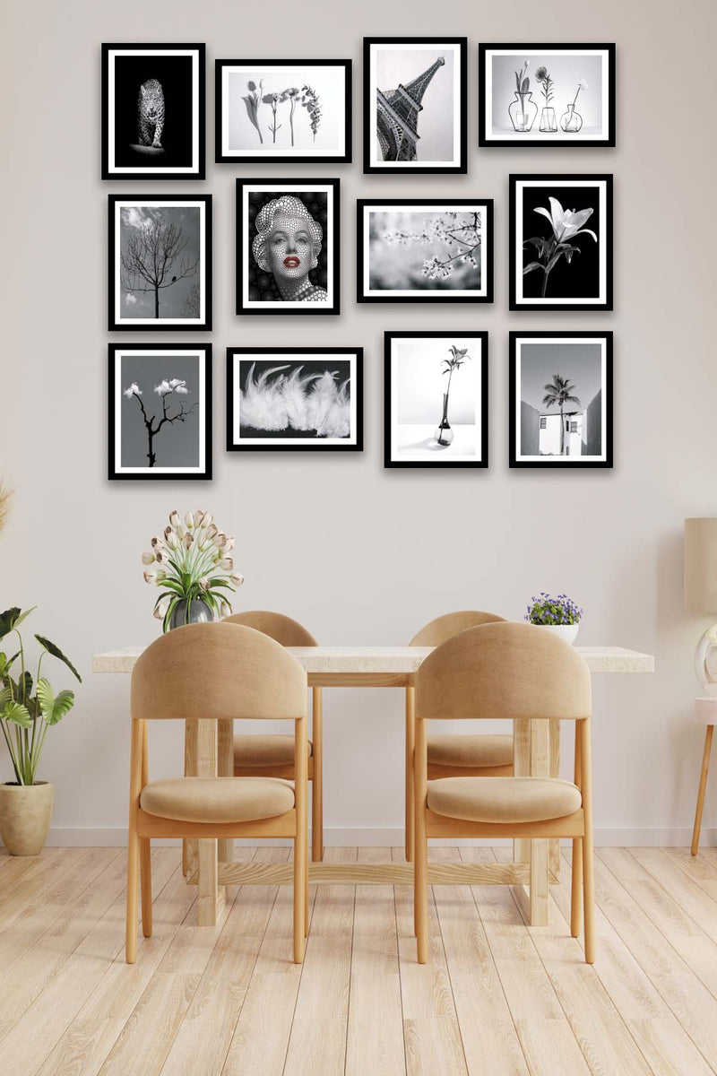 Wow 10 Parça Siyah Beyaz Modern Tarzda Siyah Çerçeve Görünümlü Mdf Ahşap Duvar Tablo Seti