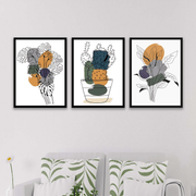 Wow 3 Parça Kaktüs Line Art Desenli Sanatsal (Siyah Çerçeve Görünümlü) Uv Baskı Mdf Ahşap Duvar Tablo Seti