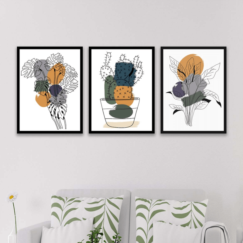 Wow 3 Parça Kaktüs Line Art Desenli Sanatsal (Siyah Çerçeve Görünümlü) Uv Baskı Mdf Ahşap Duvar Tablo Seti