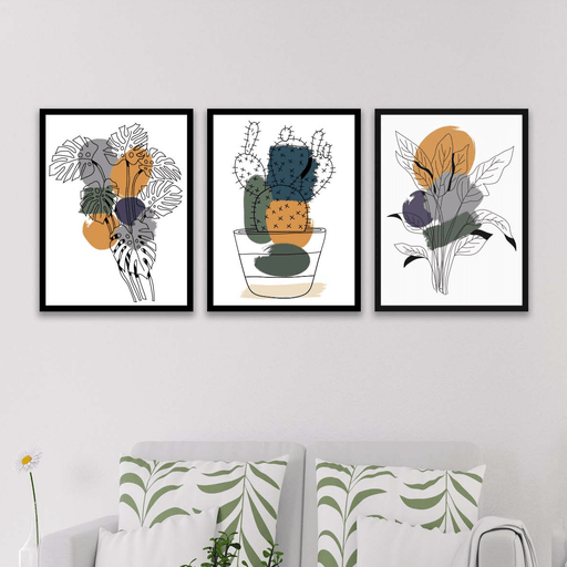 Wow 3 Parça Kaktüs Line Art Desenli Sanatsal (Siyah Çerçeve Görünümlü) Uv Baskı Mdf Ahşap Duvar Tablo Seti