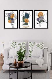 Wow 3 Parça Kaktüs Line Art Desenli Sanatsal (Siyah Çerçeve Görünümlü) Uv Baskı Mdf Ahşap Duvar Tablo Seti