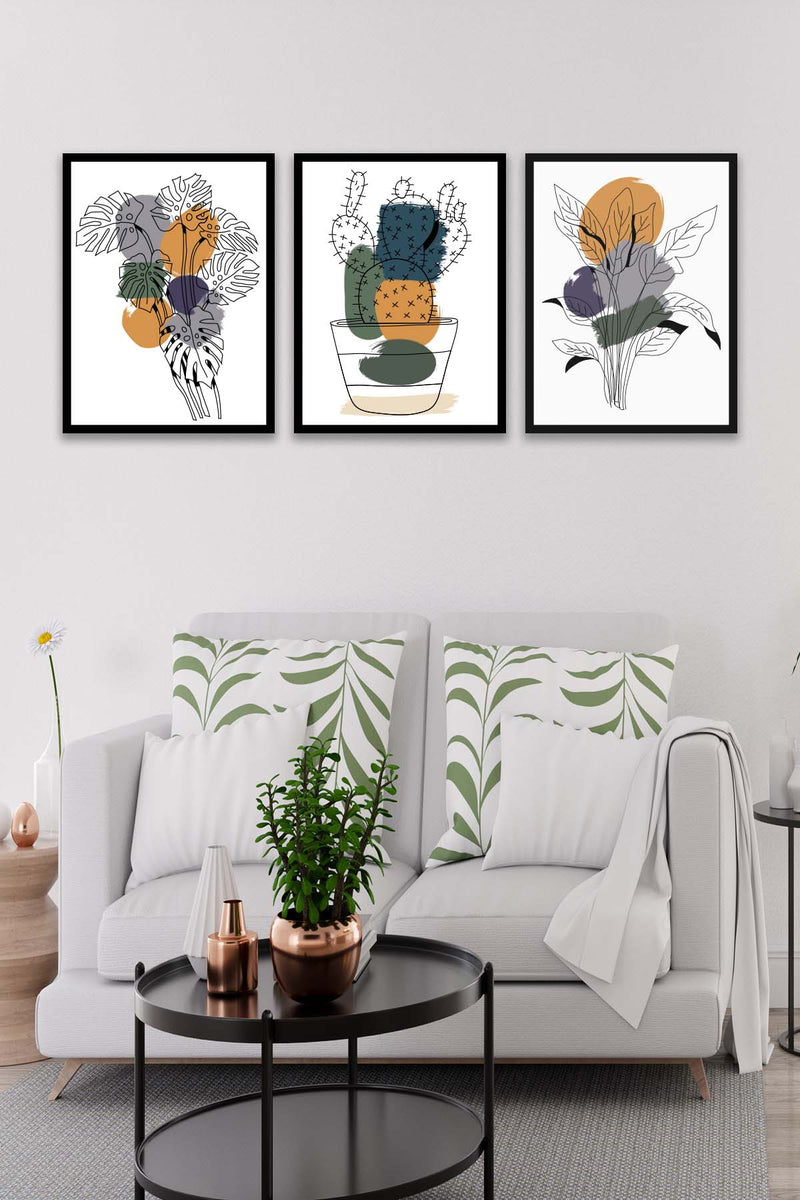 Wow 3 Parça Kaktüs Line Art Desenli Sanatsal (Siyah Çerçeve Görünümlü) Uv Baskı Mdf Ahşap Duvar Tablo Seti