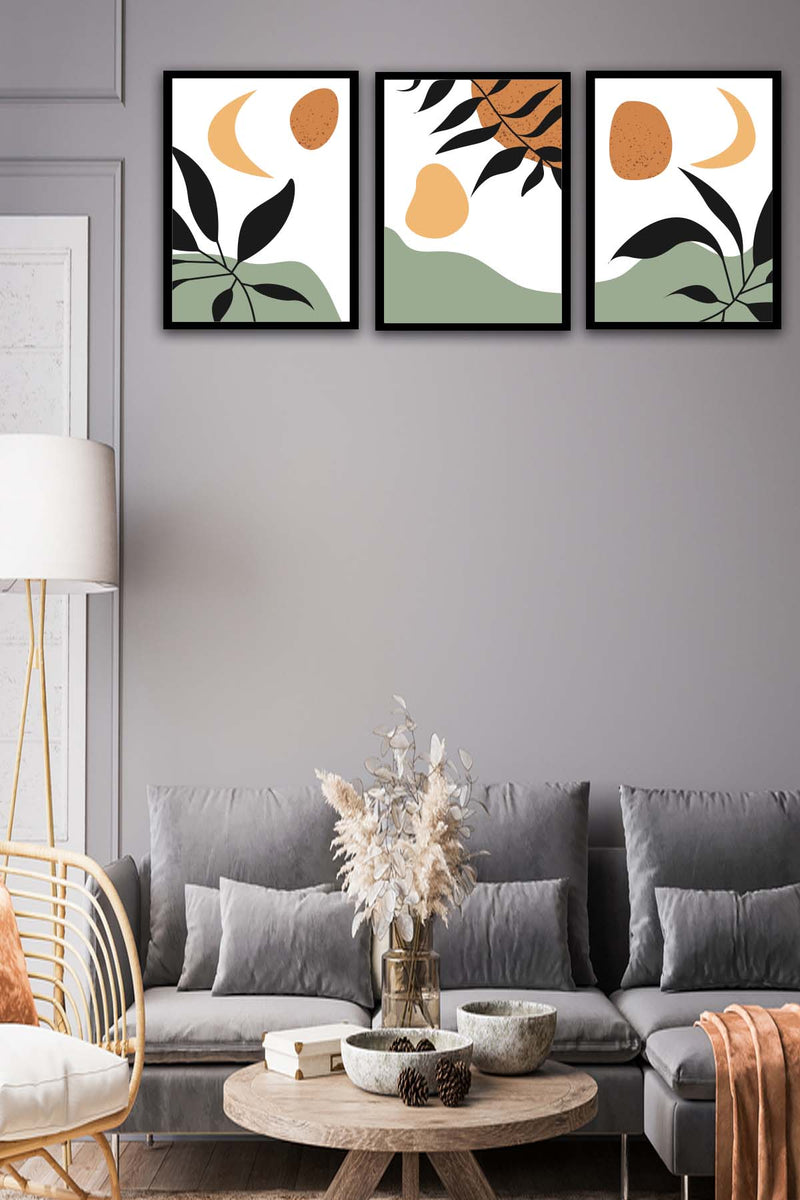 Wow 3 Parça Modern Bohem Tarzda Sanatsal Siyah Çerçeve Görünümlü Uv Baskı Mdf Ahşap Duvar Tablo Seti