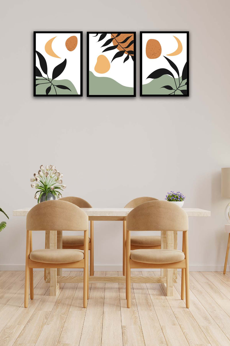 Wow 3 Parça Modern Bohem Tarzda Sanatsal Siyah Çerçeve Görünümlü Uv Baskı Mdf Ahşap Duvar Tablo Seti