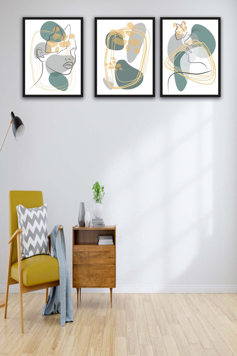 Wow 3 Parça Modern Lineart Suliet Tarzda Sanatsal Siyah Çerçeve Görünümlü Uv Baskı Mdf Ahşap Duvar Tablo Seti