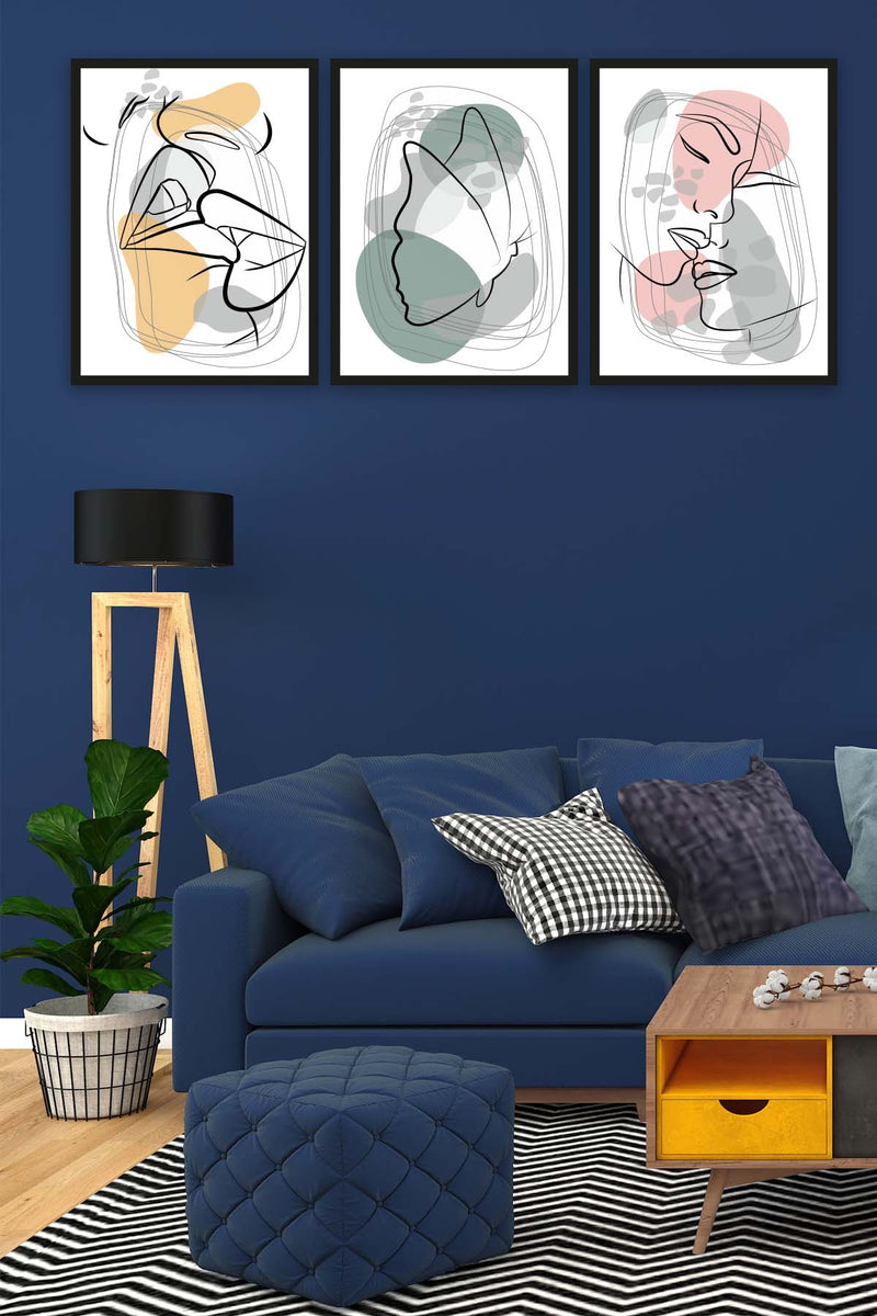 Wow 3 Parça Modern Lineart Tarzda Sanatsal Siyah Çerçeve Görünümlü Uv Baskı Mdf Ahşap Duvar Tablo Seti