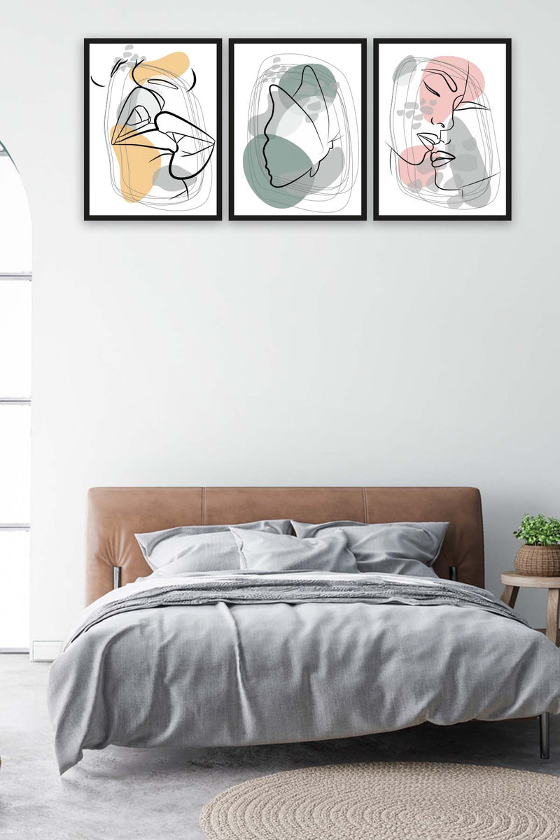 Wow 3 Parça Modern Lineart Tarzda Sanatsal Siyah Çerçeve Görünümlü Uv Baskı Mdf Ahşap Duvar Tablo Seti