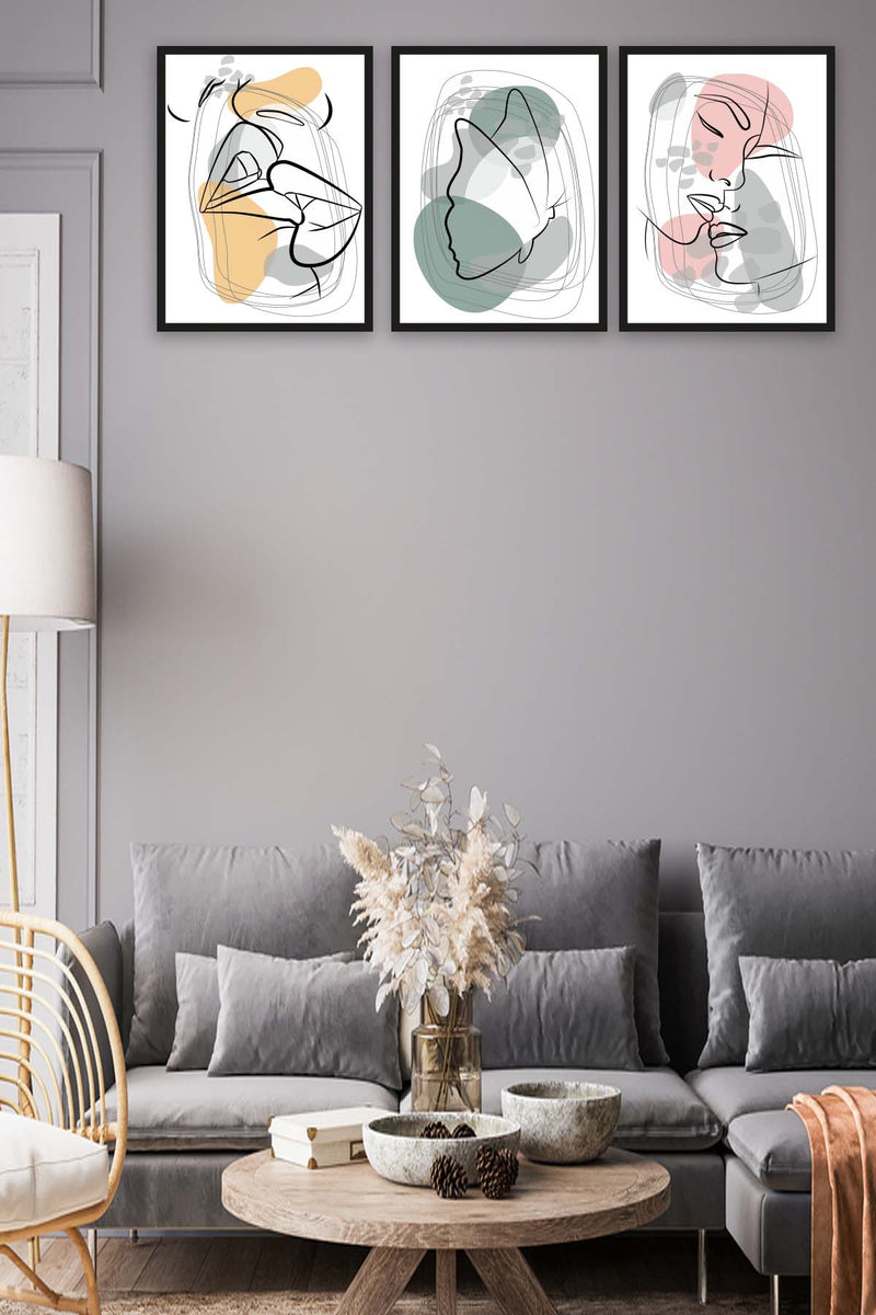 Wow 3 Parça Modern Lineart Tarzda Sanatsal Siyah Çerçeve Görünümlü Uv Baskı Mdf Ahşap Duvar Tablo Seti